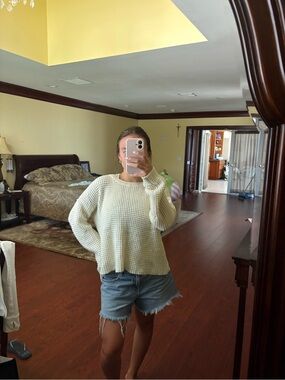 Forever 21 Cream Waffle Knit Scoop Crewneck Sweater